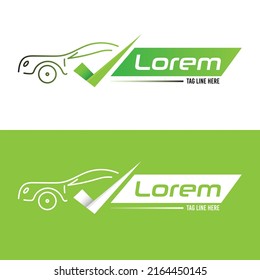 Car line art vector illustration with dummy text on white and green background.