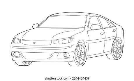 Car line drawing. Technology concept. Line art with details, vector illustration. Transportation icon. Automobile outline view. Template for car branding. Isolated on white background