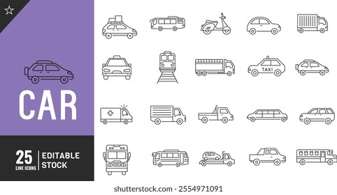  Car line editable icon set. thin modern style vector illustration.