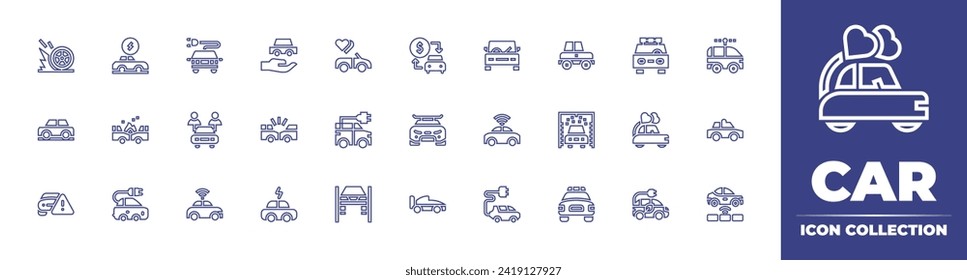 Car line icon collection. Editable stroke. Vector illustration. Containing speed, sharing, car, sport, formula, electric, toy car, wash, service, autonomous, police.