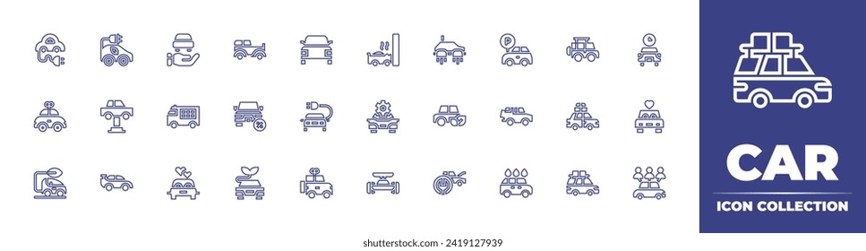 Car line icon collection. Editable stroke. Vector illustration. Containing sharing, electric, crash, car toy, repair, eco, race, hybrid, car, sports, flying.