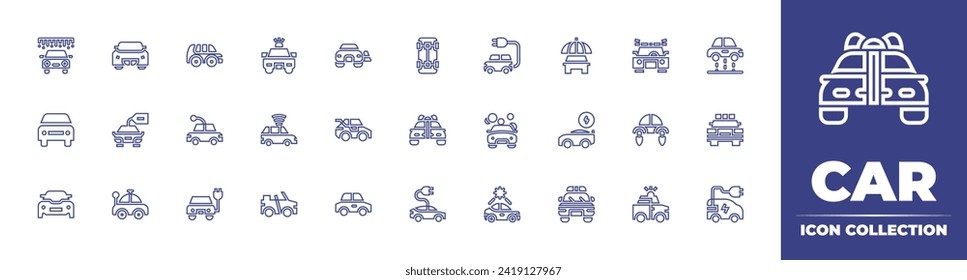Car line icon collection. Editable stroke. Vector illustration. Containing power washing, car, sport, electric, wash, toy, solar energy, suv, insurance, police.