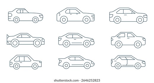 Car line icon collection. vehicle, electric car, transportation, taxi, road, race, automobile and car rental icon set. UI outline icon pack. editable stroke outline icon. car sign and symbol. 