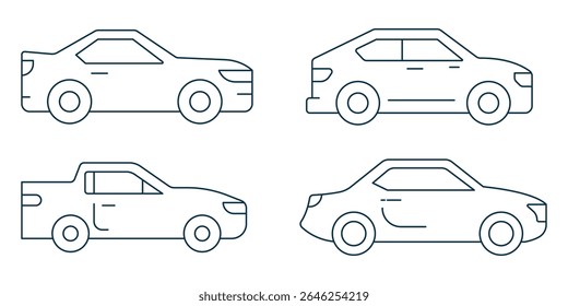 Car line icon collection. vehicle, electric car, transportation, taxi, road, race, automobile and car rental icon set. UI outline icon pack. Car vector line icon set. Design eps 10. 