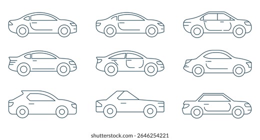 Car line icon collection. vehicle, electric car, transportation, taxi, road, race, automobile and car rental icon set. UI outline icon pack. Car vector line icon set. Design eps 10. 
