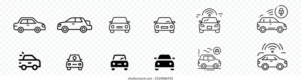 Icono de la línea del coche. Alquiler de coches iconos de línea delgada. Conjunto de iconos de coche. Automóvil de varios lados, conjunto de iconos de coches. signo y símbolo del coche.