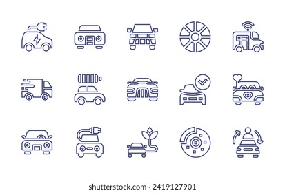 Car line icon set. Editable stroke. Vector illustration. Containing electric, tire, van, car, drive, brake, smart, racing, sharing, eco.