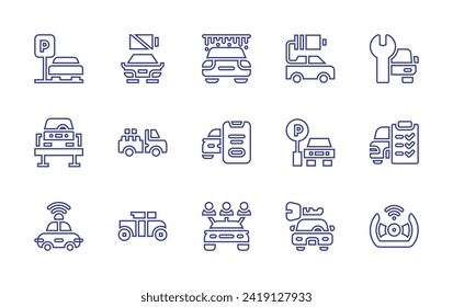 Car line icon set. Editable stroke. Vector illustration. Containing car, wash, check list, rental, autopilot, rental, parking, repair, battery, autonomous car, key, electric.