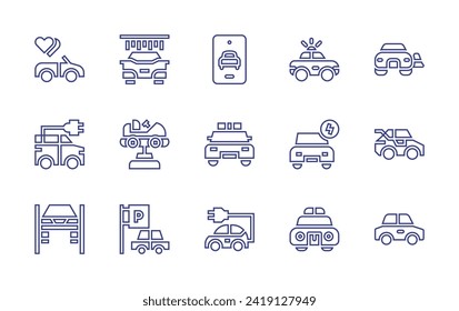 Car line icon set. Editable stroke. Vector illustration. Containing electric, police, car, sport, service, spring swing, parking.