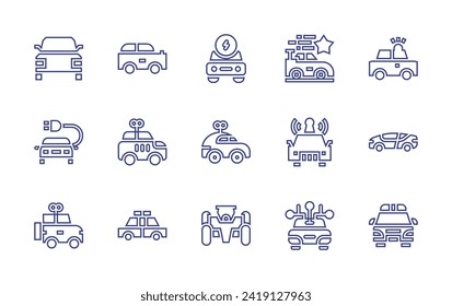 Car line icon set. Editable stroke. Vector illustration. Containing electric car, toy, autonomous, police, car, sport, old car.