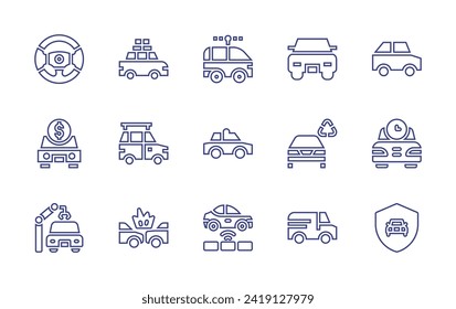 Symbol für die Autozeile gesetzt. Bearbeitbarer Strich. Vektorgrafik. Mit Auto, Lenkrad, Miete, Schutz, Fabrik, Van, Unfall, Elektro, Polizei.
