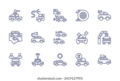 Symbol für die Autozeile gesetzt. Bearbeitbarer Strich. Vektorgrafik. Enthält Militärfahrzeug, Auto, Rennen, Geschäft, Fabrik, sauber, Teilen, Darlehen, Auto-Waschen, Elektro, Rennen, Rennen, Rennen.