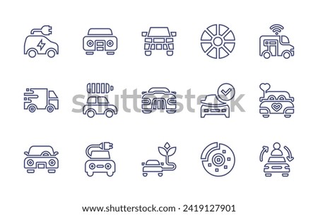 Car line icon set. Editable stroke. Vector illustration. Containing electric, tire, van, car, drive, brake, smart, racing, sharing, eco.