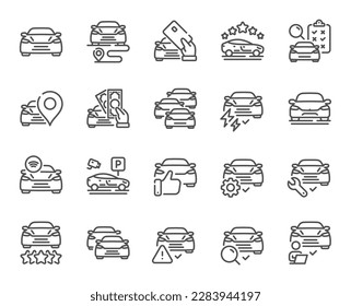 Car line icons. Auto transport review, vehicle parking and car diagnostic set. Sedan service, electric power auto and taxi five stars rating icons. Approved car, place location, dealership. Vector