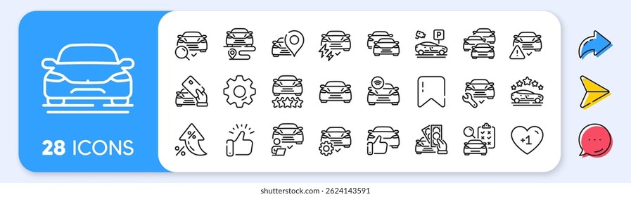 Car line icons. Interest rate, AI generate, Inflation icons. Auto transport review, vehicle parking and car diagnostic set. Sedan service, electric power auto and taxi five stars rating icons. Vector