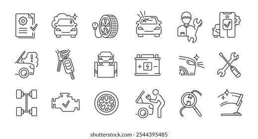 Car line icons set. Auto service. Repair, inspection, maintenance, vehicle. Vector.