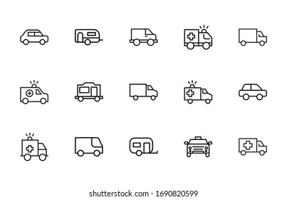 Conjunto de iconos de línea de Camión. Elementos vectoriales de trazo para el diseño moderno. Pictogramas simples para concepto móvil y aplicaciones web. Iconos de línea de vectores aislados en un fondo blanco. 