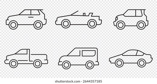Conjunto de iconos de línea de coche. Elementos de Vector Stroke para un diseño de moda. Pictogramas simples para App de concepto y Web móviles. Iconos de línea de Vector aislados sobre un fondo blanco.