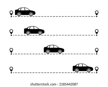 Car with line start and finish point set. Automobile driving on dotted route with map pin collection. Vector isolated on white.	