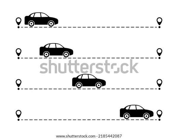 Car with line start and finish point set.\
Automobile driving on dotted route with map pin collection. Vector\
isolated on white.	