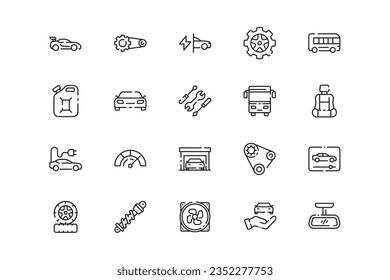 Juego de iconos de líneas de auto. Géneros y atributos del automóvil. Diseño lineal. Líneas con trazo editable. Iconos vectoriales aislados.