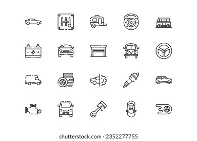 Symbol für Autozeilen gesetzt. Autogenres und -attribute. Lineares Design. Linien mit bearbeitbarem Schlaganfall. Isolierte Vektorsymbole.