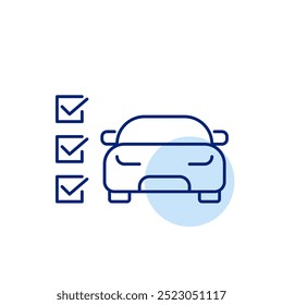 Car and list of checkmarks. Vehicle inspection or maintenance check. Pixel perfect vector icon