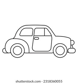 Car for little kids. A coloring page with a cartoon-style flat vector illustration of a car depicted in a side view. The lines are bold, and uniform in thickness. 