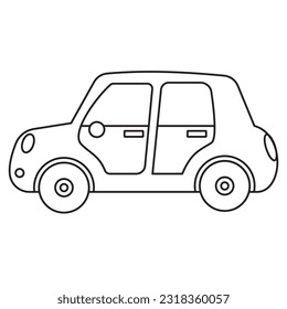 Car for little kids. A coloring page with a cartoon-style flat vector illustration of a car depicted in a side view. The lines are bold, and uniform in thickness. 