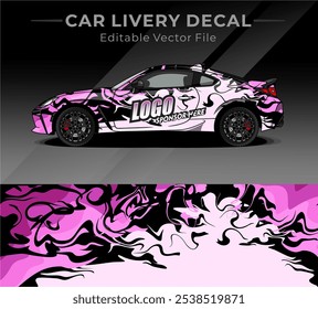 Car livery decal design in an editable vector file format. The design features a sports car with a dynamic, abstract pattern in shades of pink, black, and white. Suittable racing, promotional events 