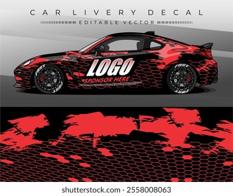 Car livery design with black red colour. Abstract car wrap decal. Polygonal geometric. Vinyl sticker vector. Suitable for racing, rally, or daily use