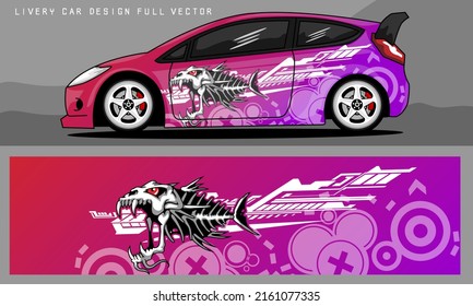 car livery design with cool graphics with red to purple gradient colors and angry fishbone characters for vehicles, branding and cutting stickers