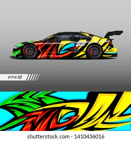 Car livery design vector. Graphic abstract stripe racing background kit designs for wrap vehicle, race car, rally and adventure.