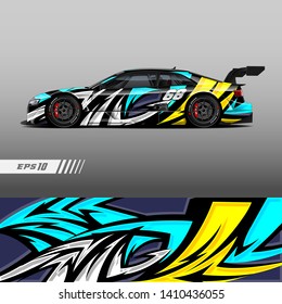 Car livery design vector. Graphic abstract stripe racing background kit designs for wrap vehicle, race car, rally and adventure.
