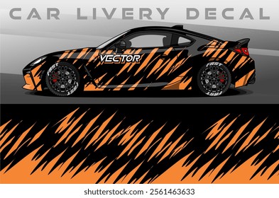 Car Livery design vector. Car wrap decal with abstract tiger design black orange colour. Sticker vinyl car suitable for racing, rally or dailly use
