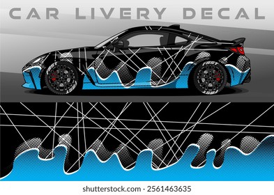 Car Livery design vector. Car wrap decal with abstract design blue white colour. Sticker vinyl car suitable for racing, rally or dailly use
