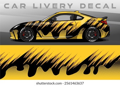 Car Livery design vector. Car wrap decal with abstract design black yellow colour. Sticker vinyl car suitable for racing, rally or dailly use
