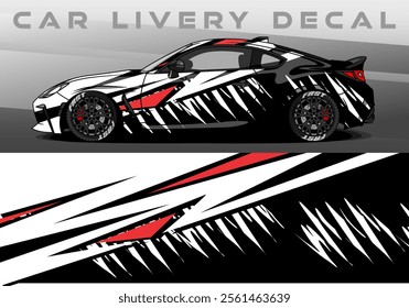 Car Livery design vector. Car wrap decal with abstract shark design black white red colour. Sticker vinyl car suitable for racing, rally or dailly use
