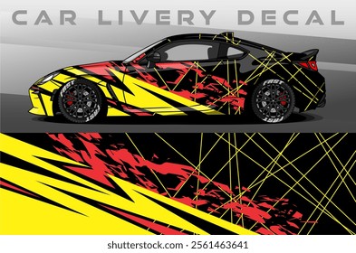 Car Livery design vector. Car wrap decal with abstract design black red yellow colour. Sticker vinyl car suitable for racing, rally or dailly use
