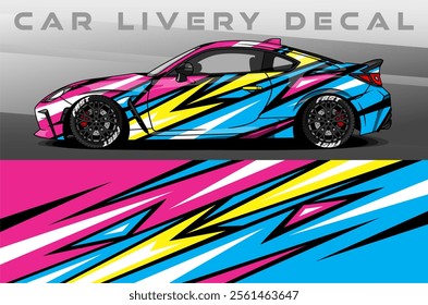 Car Livery design vector. Car wrap decal with abstract design colorfull. Sticker vinyl car suitable for racing, rally or dailly use
