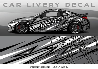 Car Livery design vector. Car wrap decal with abstract design black grey colour. Sticker vinyl car suitable for racing, rally or dailly use
