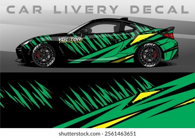 Car Livery design vector. Car wrap decal with abstract design black green yellow colour. Sticker vinyl car suitable for racing, rally or dailly use
