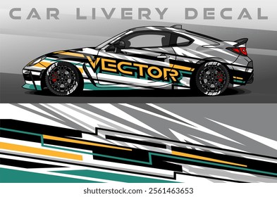 Car Livery design vector. Car wrap decal with abstract design black grey yellow green colour. Sticker vinyl car suitable for racing, rally or dailly use
