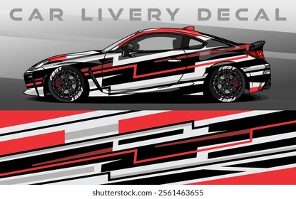 Car Livery design vector. Car wrap decal with abstract design red black grey colour. Sticker vinyl car suitable for racing, rally or dailly use
