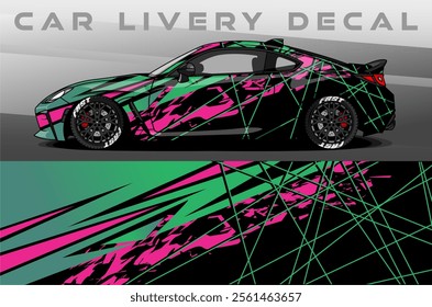 Car Livery design vector. Car wrap decal with abstract design black green pink colour. Sticker vinyl car suitable for racing, rally or dailly use
