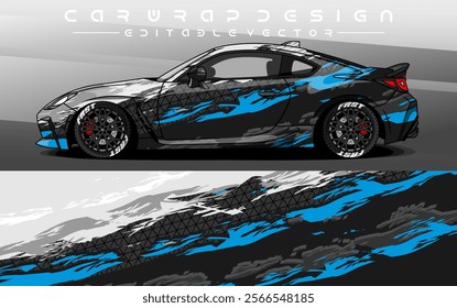 Car Livery design vector. Car wrap decal with abstract design black blue white colour. Sticker vinyl car suitable for racing, rally or dailly use