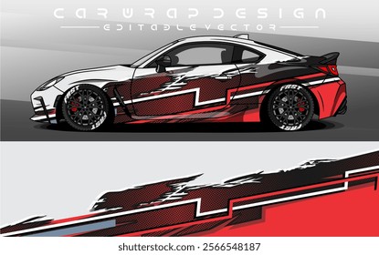 Car Livery design vector. Car wrap decal with abstract design red white black colour. Sticker vinyl car suitable for racing, rally or dailly use