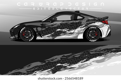 Car Livery design vector. Car wrap decal with abstract design black white colour. Sticker vinyl car suitable for racing, rally or dailly use