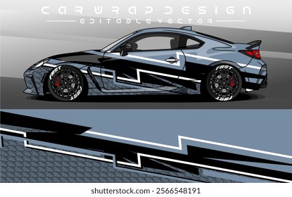 Car Livery design vector. Car wrap decal with abstract design black grey  colour. Sticker vinyl car suitable for racing, rally or dailly use