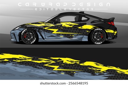 Car Livery design vector. Car wrap decal with abstract design black yellow grey colour. Sticker vinyl car suitable for racing, rally or dailly use